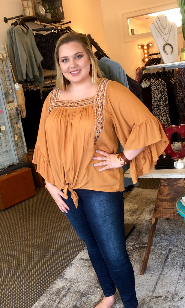 Embroidered Caramel Woven Top